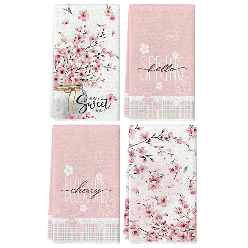 Home Cooking Is The Best - 4Pcs, Spring Pink Floral Kitchen Towels,