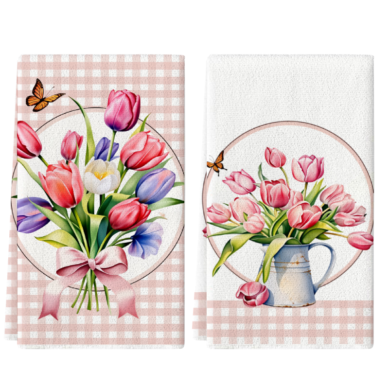Home Cooking Is The Best - 2Pcs, Pink Checkered Tulip Kitchen Towels,